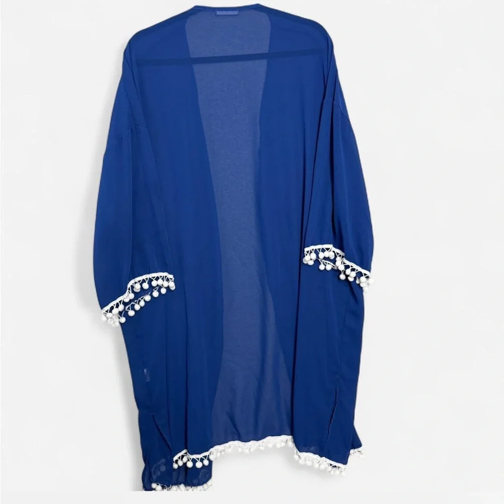 Blue Kimono with White‎ Pom Pom Trim